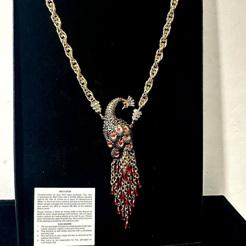 Vintage Red Lotus Peacock Statement Necklace Gold Tone Red Tassel Rhinestone
